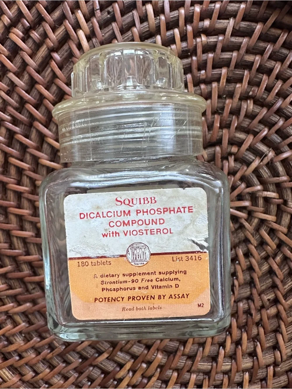 SQUIBB Antique Clear Glass Apothecary Dicalcium Phosphate Compound Jar